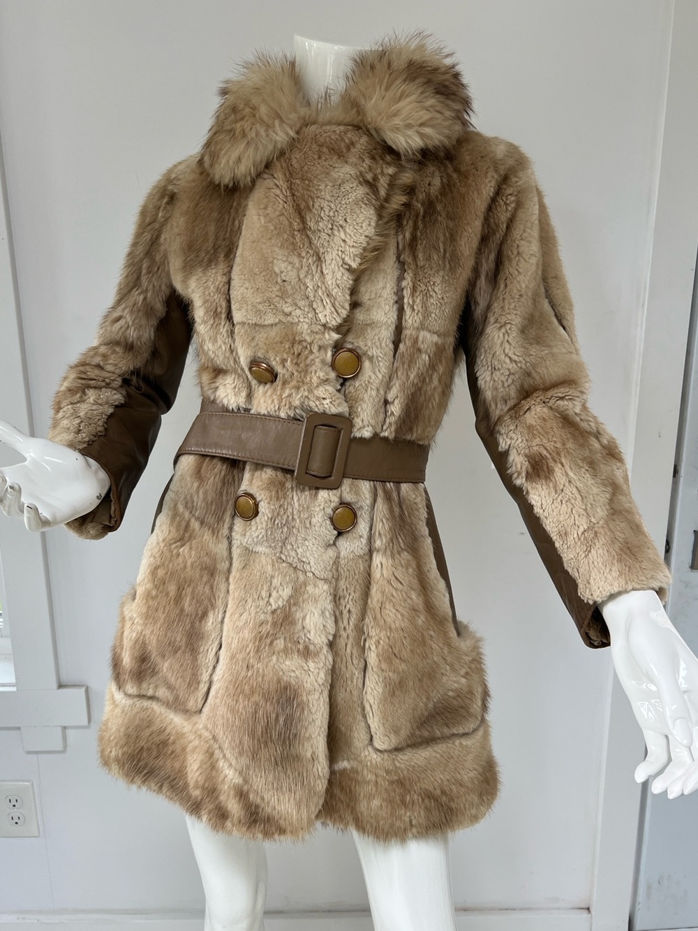 Vintage Luxury  women’s Fur leather Pea Coat luxury timeless  Eye Catching Coat